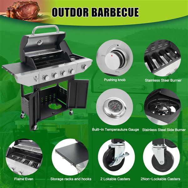 Propane Grill 4 Burner Barbecue Grill Stainless Steel Gas Grill with Side Burner and Thermometer for Outdoor BBQ, Camping