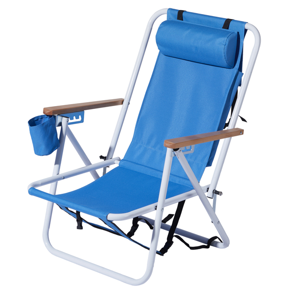 Folding Beach Chair Set of 2 for Adults, 4 Position Portable Backpack Foldable Camping Chair with Headrest Cup Holder and Wooden Armrests, Blue(Same as 53764266 )