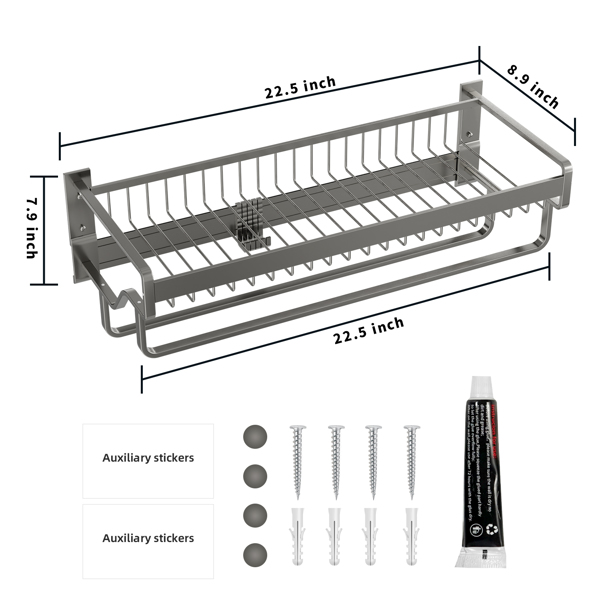 Towel Rack with Dual Bars Wall Mounted,Modern Towel Shelf with Large Capacity Basket,Two 24" Rod Bars,and 5 Moveable Hooks,Towel Holder Rustproof Easy Mounting for Bathroom Lavatory Hotel Grey