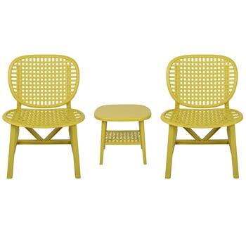 3 Pieces Hollow Design Patio Table Chair Set All Weather Conversation Bistro Set Outdoor Coffee Table with Open Shelf and Lounge Chairs with Widened Seat for Balcony Garden Yard Yellow