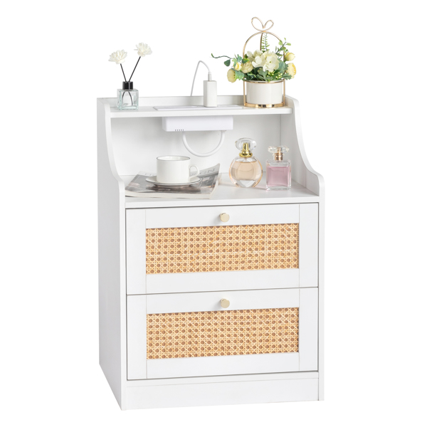 [FCH] white particleboard with triamine matt gold tapered handle 45*35*63cm rattan two drawers with compartments bedside table 1 wireless + 2 USB ports + 2 US standard three-plug ports