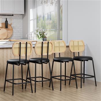 Rattan Bar Stool, Indoor Leather Bar Stools Set of 4, Counter Height Bar Stools with Metal Leg & Rattan Backrest, Armless Dining Room Chairs for Kitchens Island