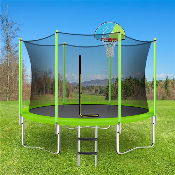 10FT Trampoline for Kids with Safety Enclosure Net, Basketball Hoop and Ladder, Easy Assembly Round Outdoor Recreational Trampoline