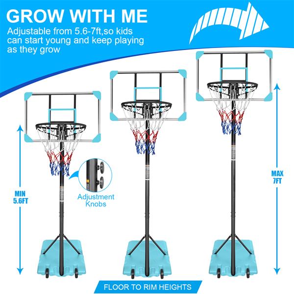 Portable Basketball Goal System with Stable Base and Wheels, use for Indoor Outdoor teenagers youth height adjustable 5.6 to 7ft Basketball Hoop 28 Inch Backboard