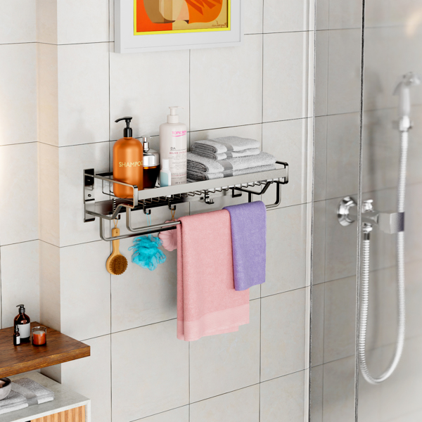 Towel Rack with Dual Bars Wall Mounted,Modern Towel Shelf with Large Capacity Basket,Two 24" Rod Bars,and 5 Moveable Hooks,Towel Holder Rustproof Easy Mounting for Bathroom Lavatory Hotel Grey