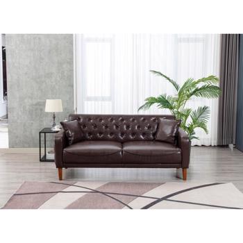 Brown PU Leather Sponge Sofa, Indoor Sofa, Removable Wooden Feet, Tufted Buttons