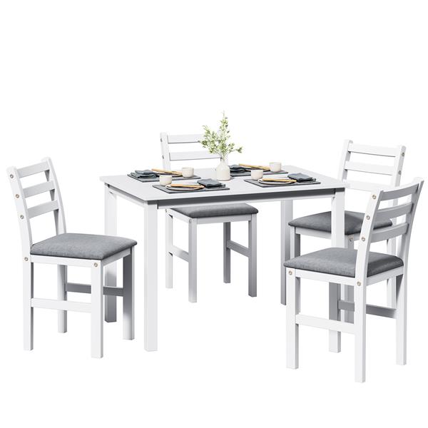 5PCS Stylish Dining Table Set 4 Upholstered Chairs with Ladder Back Design for Dining Room Kitchen Gray Cushion White