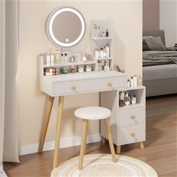 Round Mirror Bedside Cabinet Vanity Table + Cushioned Stool, 17\\" diameter LED Mirror, Touch Control, 3-color, Brightness adjustable, Large Desktop, Right Bedside Cabinet, Multi-layer Storage