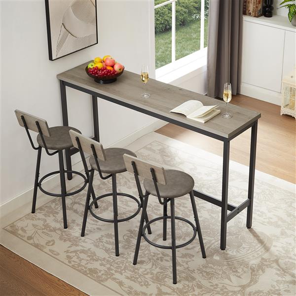 Long Bar Table Set with 3 PU Upholstered Bar Stools, Industrial Bar Table and Chairs for Kitchen Breakfast Table, Living Room, Banquet Hall, Rustic Gray and Black, 63″L x15.7"W x 37.5"H