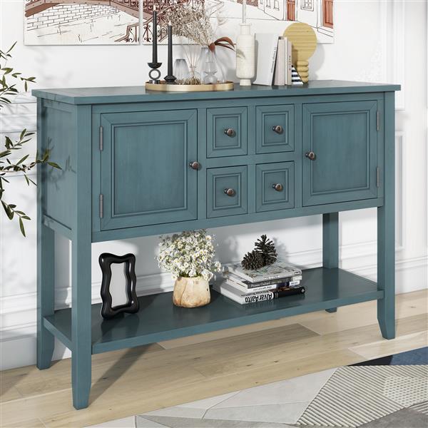 Series  Ample Storage Vintage Console Table with Four Small Drawers and Bottom Shelf for Living Rooms, Entrances and Kitchens (Dark Blue