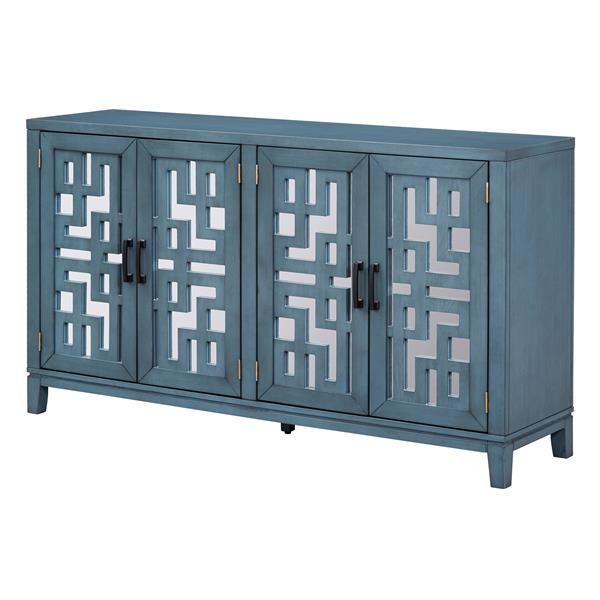 Retro 4-Door Mirrored Buffet Sideboard with Metal Pulls for Dining Room, Living Room and Hallway (Navy)