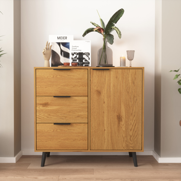 Storage Cabinet with 3 Drawers & Adjustable Shelf, Mid Century Cabinet with Door, Accent Cabinet for Living Room, Home Office, Entryway，Natural Wood Color 