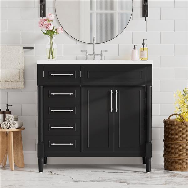 36'' Bathroom Vanity with Top Resin Sink,  Bathroom Storage Cabinet with 2 Drawers and a Tip-out Drawer, Solid Wood Frame Vanity Set, Height Adjustable Shelf