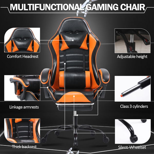 Computer Gaming Chairs with Footrest, Ergonomic Gaming Computer Chair for Adults, PU Leather Office Chair Adjustable Desk Chairs with Wheels, 360°Swivel Big and Tall Gamer Chair, Orange