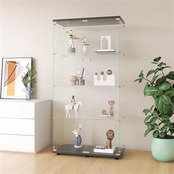 Two-door Glass Display Cabinet 4 Shelves with Door, Floor Standing Curio Bookshelf for Living Room Bedroom Office,  64.7"*31.7"*14.3",Black