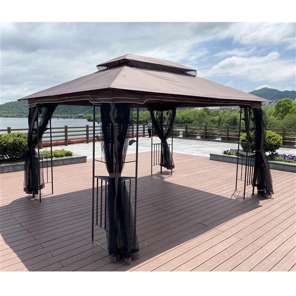 13x10 Outdoor Patio Gazebo Canopy Tent With Ventilated Double Roof And Mosquito net(Detachable Mesh Screen On All Sides),Suitable for Lawn, Garden, Backyard and Deck,Brown Top