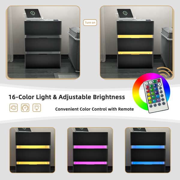 RGB LED With with Charging Station and USB Ports 3 Drawer Side Cabinet Bedside Table Nightstand BLACK