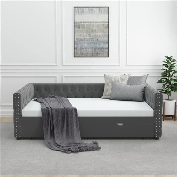 Daybed with Trundle Velvet Upholstered Tufted Sofa Bed, with Button and Copper Nail onSquare Arms,Full Daybed & Twin Trundle-  For Bedroom, Living Room, Guest Room,(83"x57"x26")