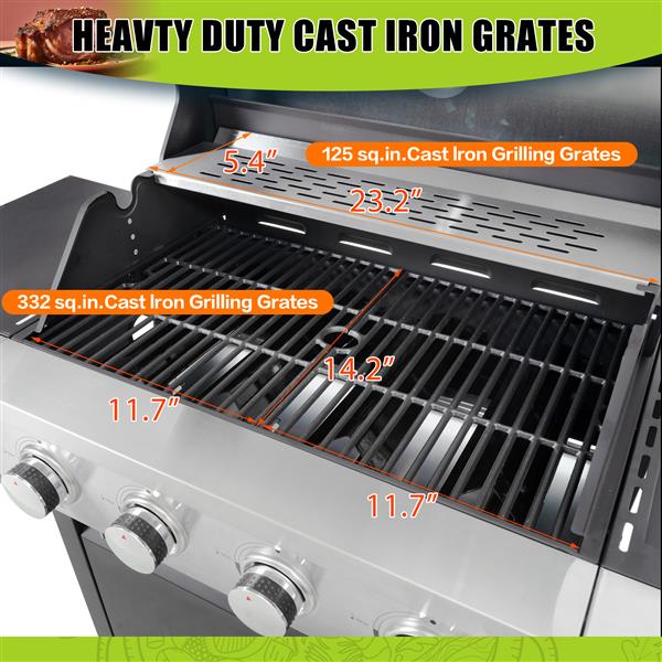 Propane Grill 4 Burner Barbecue Grill Stainless Steel Gas Grill with Side Burner and Thermometer for Outdoor BBQ, Camping