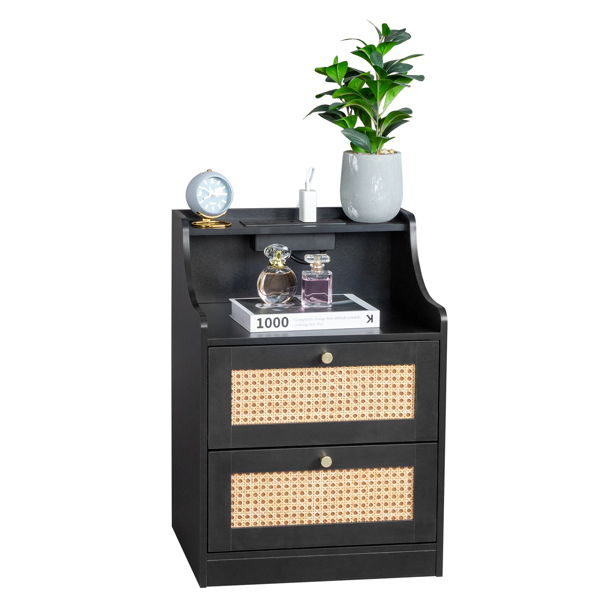 FCH black particle board with triamine matt gold tapered handle 45*35*63cm rattan two drawers with compartments bedside table 1 wireless + 2 USB ports + 2 US standard three-plug ports