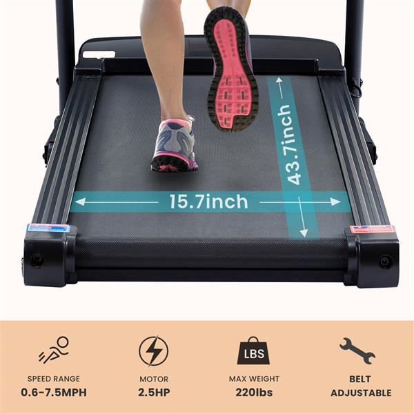 Treadmill - 2.5 HP folding treadmill, easy to move, with 3-speed incline adjustment and 12 preset programs, 3 countdown modes, heart rate, Bluetooth, etc., suitable for home and gym use