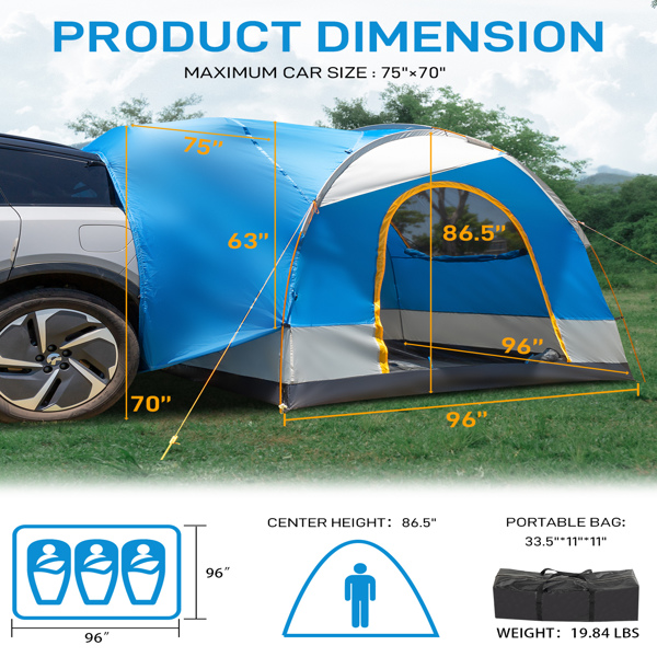 SUV Camping Tent, Outdoor SUV Tent with Double Doors for 5 Person, Waterproof PU2000mm Double Layer Tent for Outdoor Travel, Blue & Gray