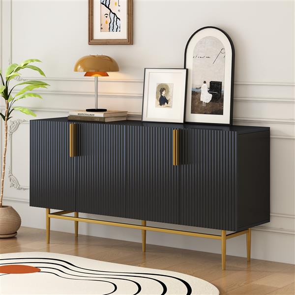 Modern Elegant 4-door Sideboard Gold Metal Handle Buffet Cabinet for Dining Room, Living Room, Bedroom, Hallway (Black)