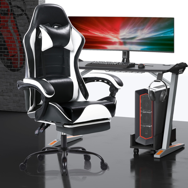 Computer Gaming Chairs with Footrest, Ergonomic Gaming Computer Chair for Adults, PU Leather Office Chair Adjustable Desk Chairs with Wheels, 360°Swivel Big and Tall Gamer Chair, White