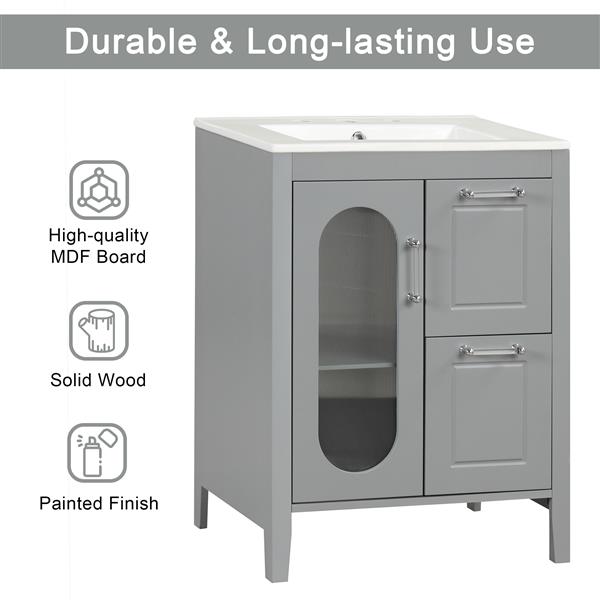 24" Bathroom Vanity with Sink, Bathroom Vanity Cabinet with Two Drawers and Door, Adjustable Shelf, Solid Wood and MDF, Grey