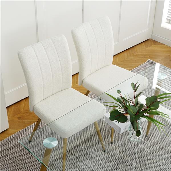 Modern White teddy wool dining chair, upholstered chair with fabric accent side chair with gold-plated metal legs for family furniture living room, bedroom, kitchen, dining room(set of 4)