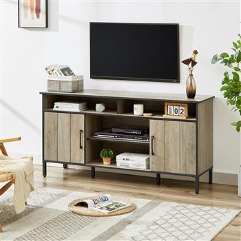 58-inch TV stand and media entertainment center console with up to 65-inch TV, open shelving and two storage cabinets, six support legs with adjustable feet,Rustic, Gray,58\\" x 15.7\\" x 29.7\\"