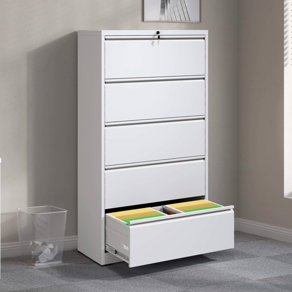 5 Drawer Metal Lateral File Cabinet , White Filing Cabinet with Lock, Lockable File Cabinet for Home Office, Locking Metal File Cabinet for Legal/Letter/A4/F4 Size