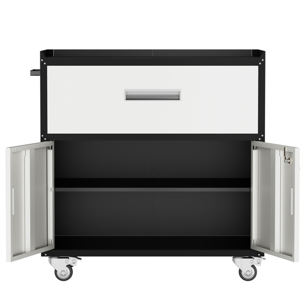 The steel tool cabinet has drawers on top and an open cabinet on the bottom It can be wheeled with wheels（Black and grey）