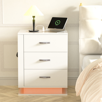 RGB LED With with Charging Station and USB Ports 3 Drawer Side Cabinet Bedside Table Nightstand Right Side White