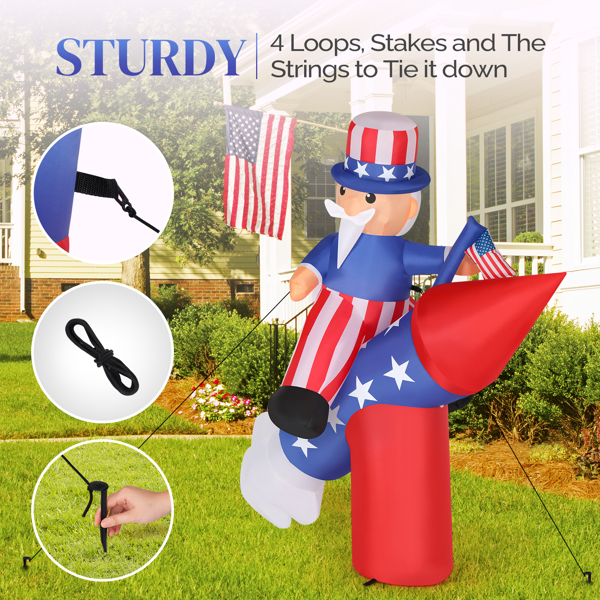 6ft Uncle Sam on Rocket Independence Day Blow Up Lighted Decoration With 3Led Light