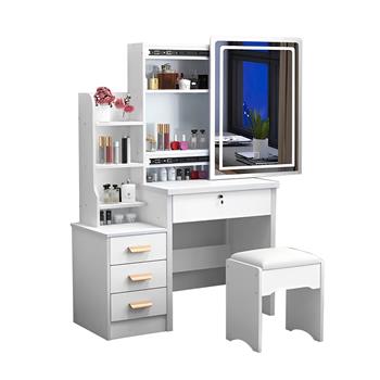 Fashion Vanity Desk with Mirror and Lights for Makeup and Chair, Vanity Mirror with Lights and Table Set with 3 Color Lighting Brightness Adjustable, 4 Drawers, White Color