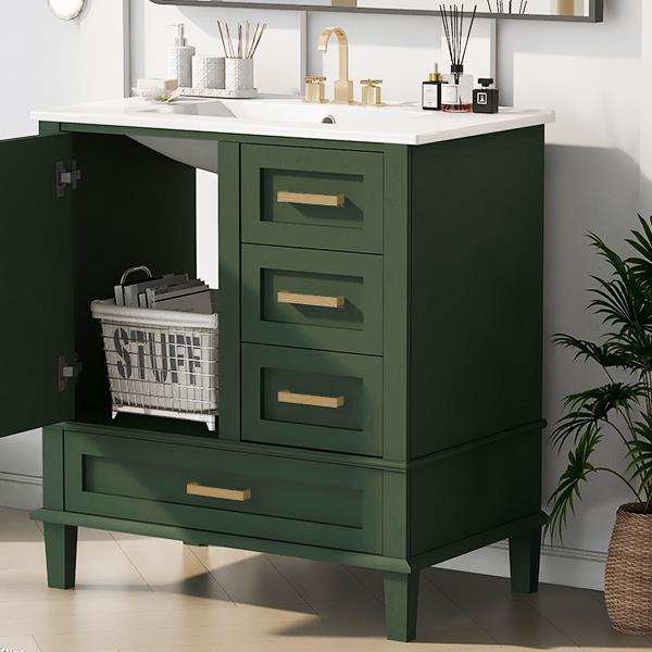 30" Bathroom Vanity in Green, Modern Bathroom Cabinet with Sink Combo Set, Bathroom Storage Cabinet with a Soft Closing Door and 3 Drawers, Solid Wood Frame