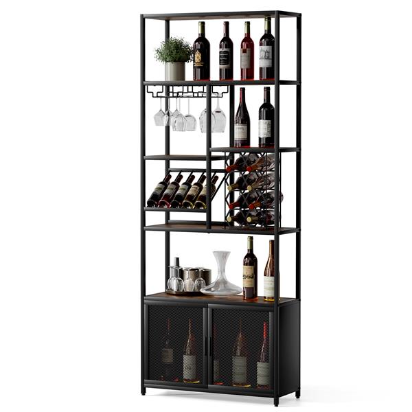 82.7" Industrial Standing Wine Rack with Glass Rack Tall  Floor Bar Cabinet