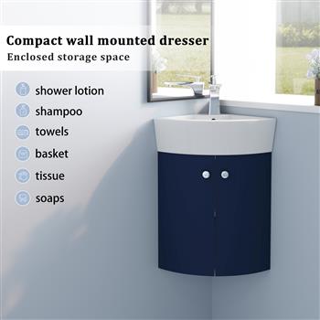 Corner Bathroom Vanity Sink Combo for Small Space Wall Mounted Cabinet Set, Ceramic Sink