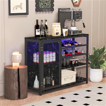 Bar Cabinet,Wine Bar Cabinet,Liquor Storage Credenza,Sideboard with Wine Racks & Stemware Holder,With UAB socket,Metal bracket,Canbeplacedin familybars,hallways,living rooms,Color:black+Marble texture