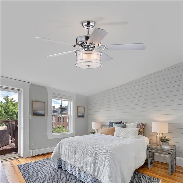 52" 3-Light Chrome Drum Shade LED Ceiling Fan + Remote, Traditional Farmhouse Rustic Industrial Bohemian Country Cottage Transitional Glam for Home, Kitchen, Living Room