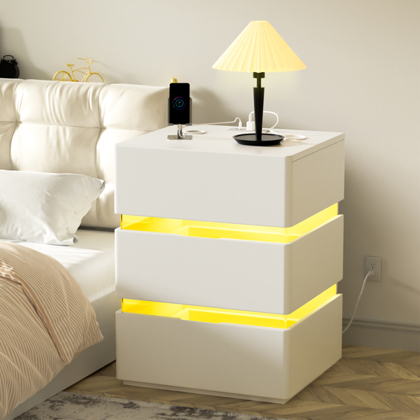 RGB LED With with Charging Station and USB Ports 3 Drawer Side Cabinet Bedside Table Nightstand White