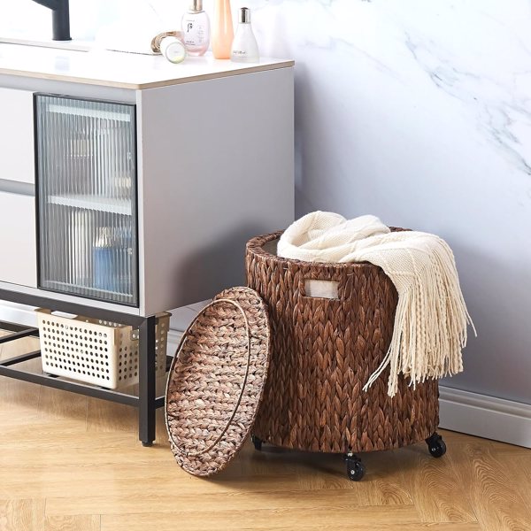 Vintage Storage Basket, Multipurpose Rolling Hamper With Brakable Wheels and Lid, Braid Laundry Bin, Handwave Clothes Toy Organizer Tote for Living Room