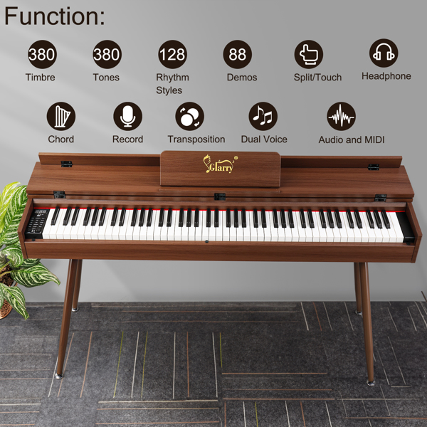 [Do Not Sell on Amazon]Glarry GDP-205 88 Key Standard Full Size Weighted Keyboards Digital Piano with Metal Stand, Audio and MIDI Bluetooth, Triple Pedals, Headphone