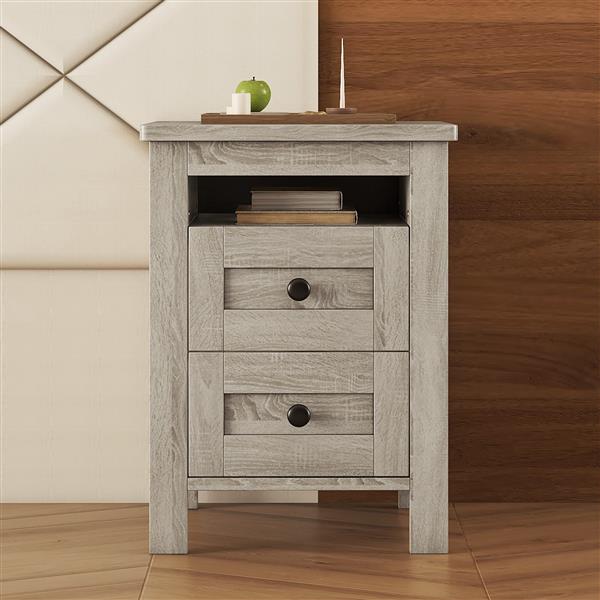 2-Drawer Farmhouse Wooden Nightstand with Well-proportioned Design and Sleek Lines, Wood Side Table with Storage Cabinet for Bedroom, Antique Gray