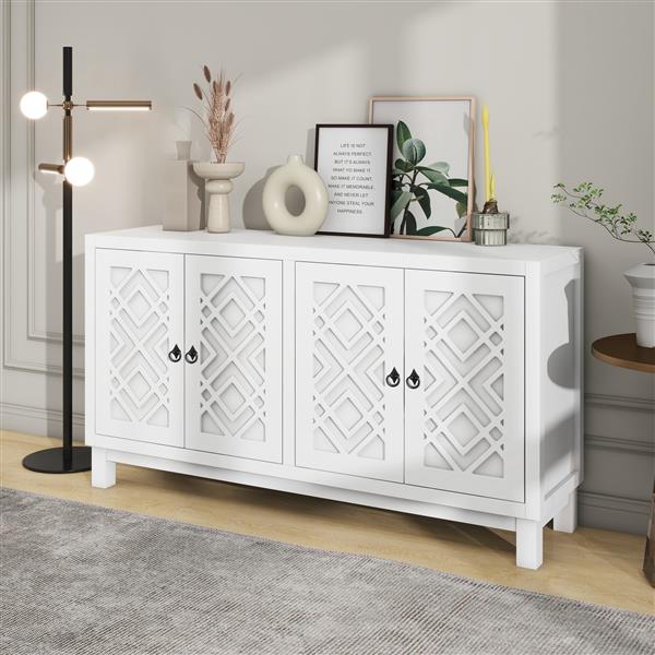 Large Storage Space Sideboard, 4 Door Buffet Cabinet with Pull Ring Handles for Living Room, Dining Room (White)