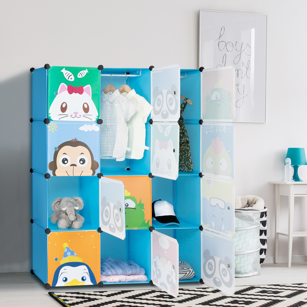 4-Layer 12-Grid 2-Hanging Rod Magic Cube Wardrobe, Plastic + Steel Wire Material with Animal Pattern, Pattern Door Blue Cabinet