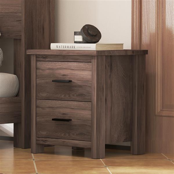 Vintage Two Drawer Nightstand, Simple and Generous Storage Space,Dark Walnut