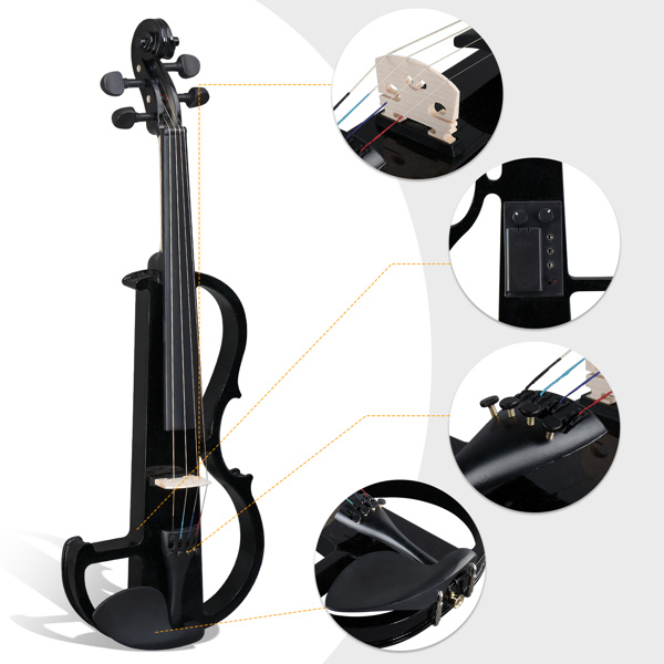 Full Size 4/4 Bunnel Edge Electric Silent Violin with Case Bow Rosin Headphone Connecting Line Black