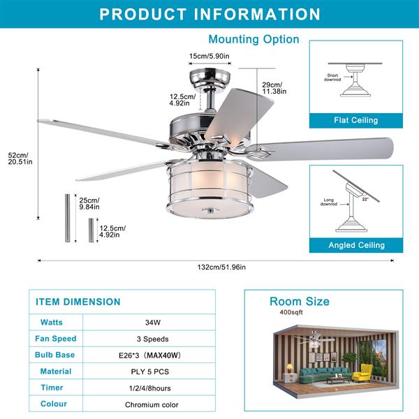 52" 3-Light Chrome Drum Shade LED Ceiling Fan + Remote, Traditional Farmhouse Rustic Industrial Bohemian Country Cottage Transitional Glam for Home, Kitchen, Living Room